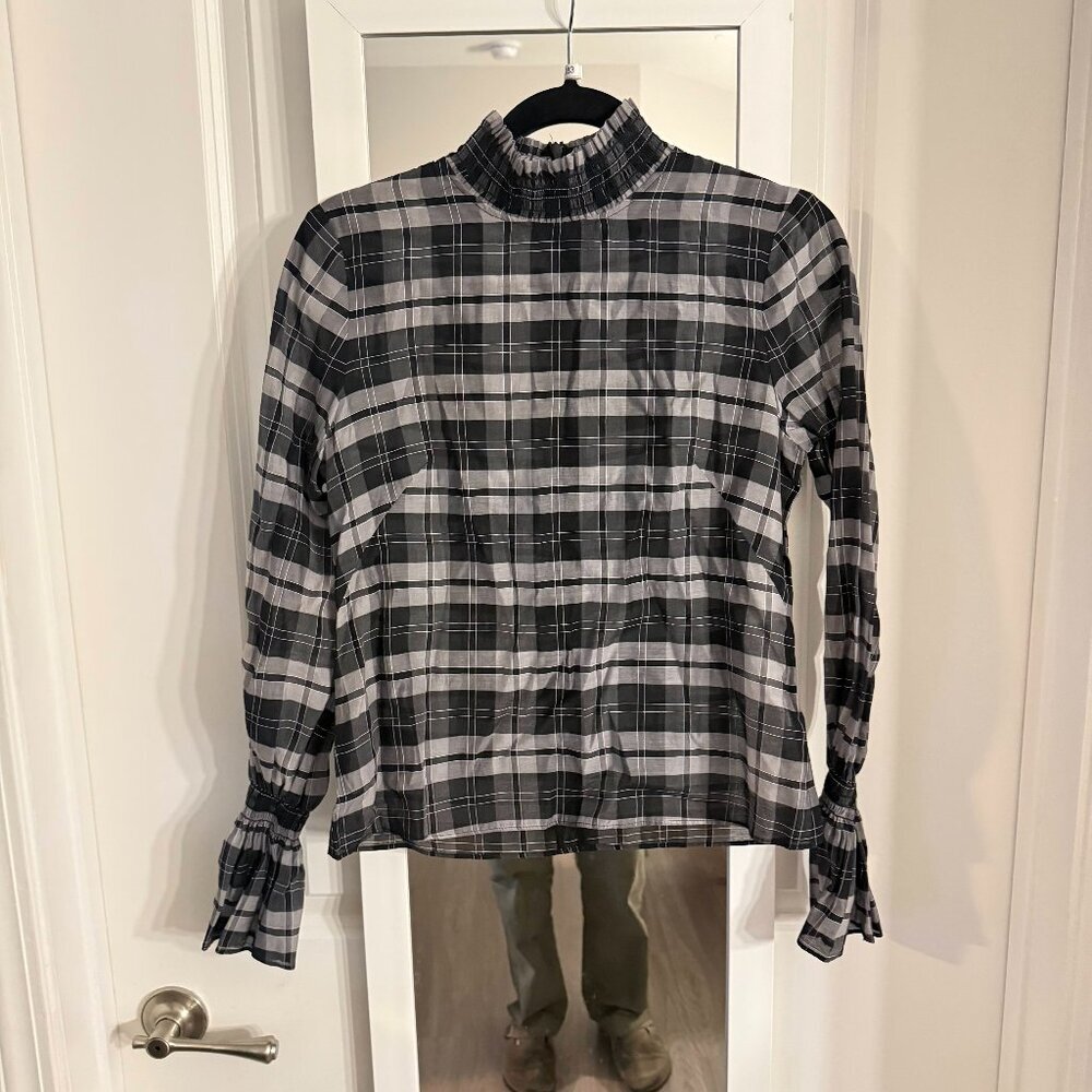 Intermix Black & Gray Plaid Ruffle Neck Blouse – Size Small